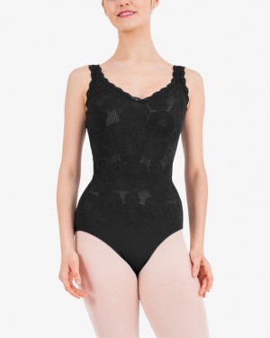 Black Repetto Thin straps rosette lace Women's Leotards | 75149CWGN