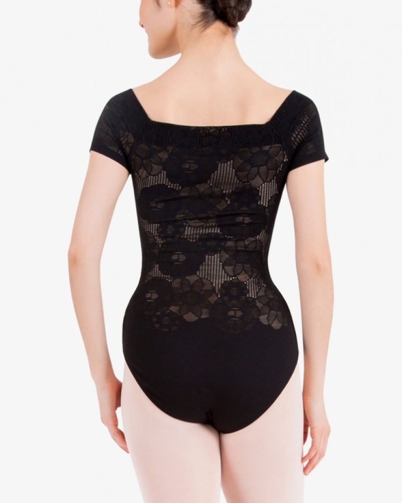 Black Repetto Short sleeves rosette lace Women's Leotards | 83512OXCQ