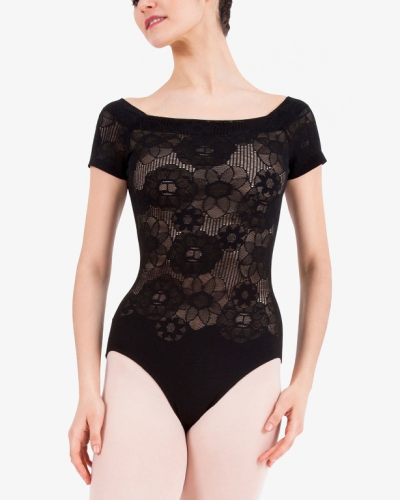 Black Repetto Short sleeves rosette lace Women\'s Leotards | 83512OXCQ